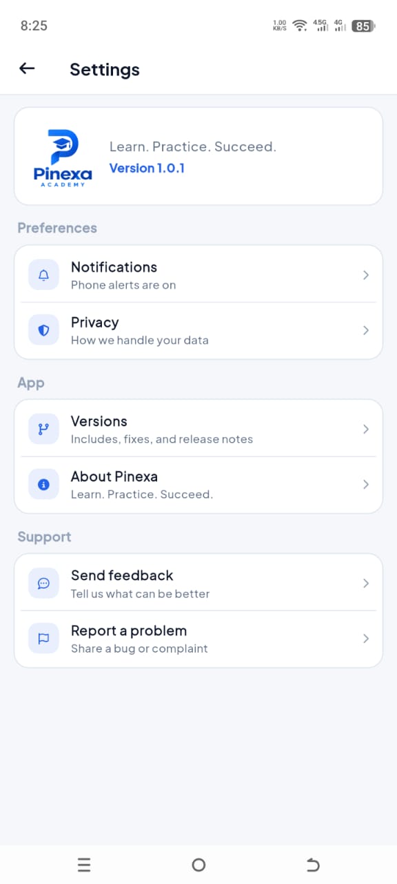 Pinexa Academy settings with Send Feedback and Report a Problem
