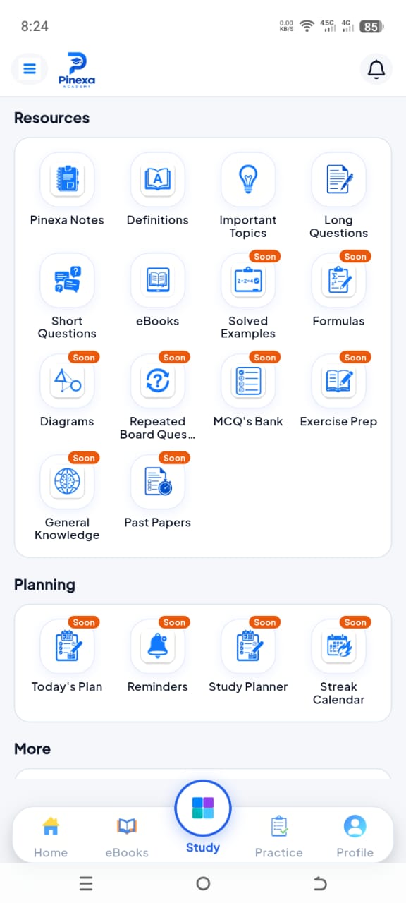 Pinexa Academy features screen with study resources